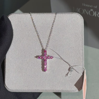 Sidabrinis kryželis su grandinėle ir rožiniais moisanitais „Gloria Pink“