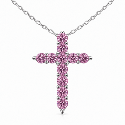 Sidabrinis kryželis su grandinėle ir rožiniais moisanitais „Gloria Pink“ - MONOREE