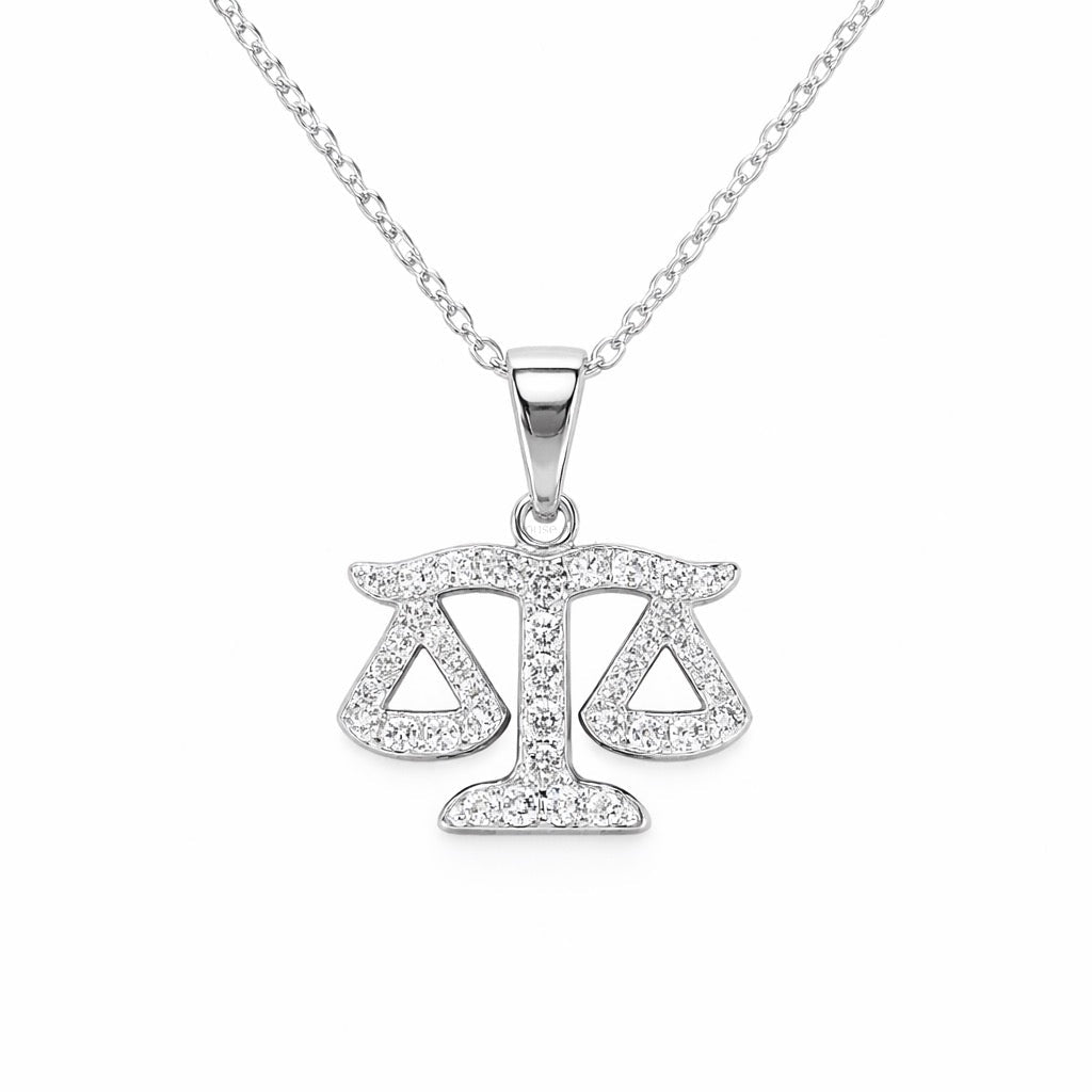Sidabrinis Svarstyklių zodiako pakabukas su moisanitais ir grandinėle „Libra“ - House of Monoree