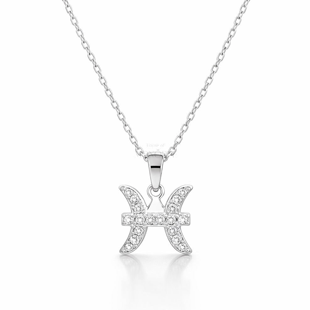 Sidabrinis Žuvų zodiako pakabukas su moisanitais ir grandinėle „Pisces“ - House of Monoree