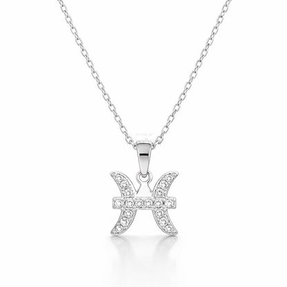 Sidabrinis Žuvų zodiako pakabukas su moisanitais ir grandinėle „Pisces“ - House of Monoree