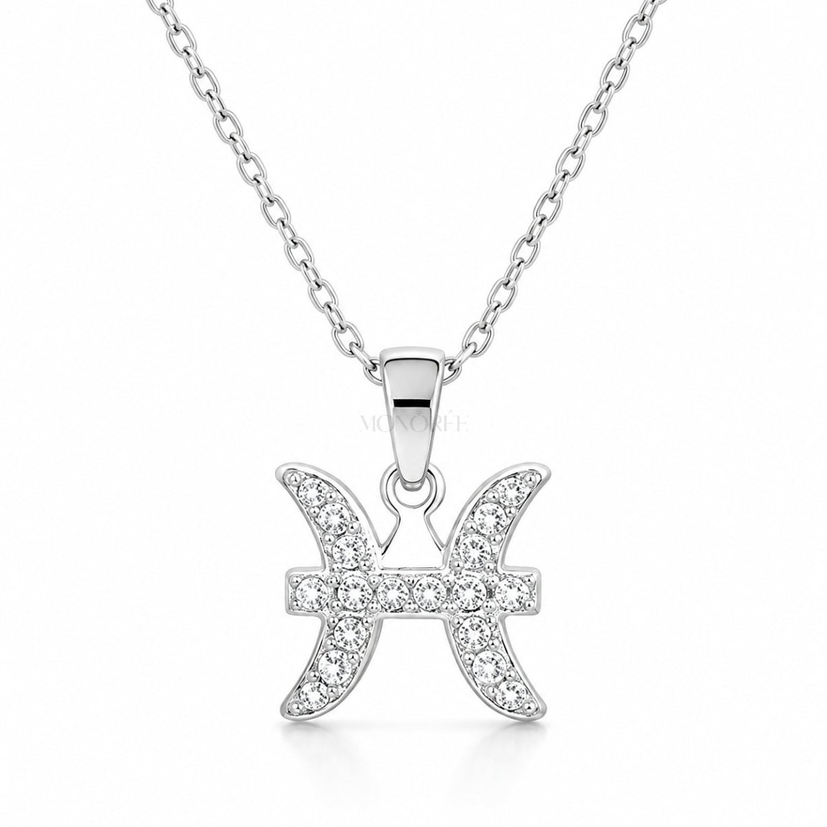 Sidabrinis Žuvų zodiako pakabukas su moisanitais ir grandinėle „Pisces“ - MONOREE