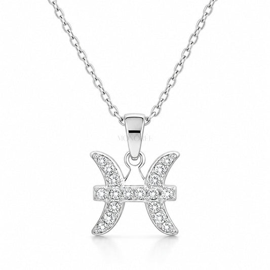Sidabrinis Žuvų zodiako pakabukas su moisanitais ir grandinėle „Pisces“ - MONOREE